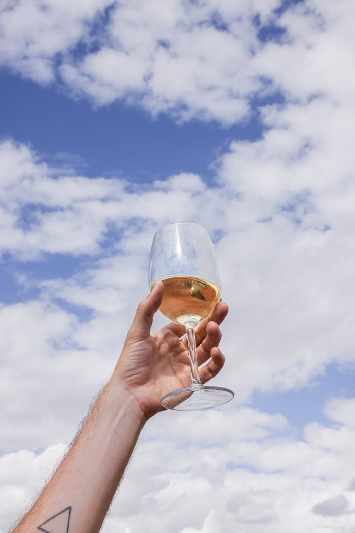 A close-up of a hand holding a glass of white wine against a bright blue sky with clouds.